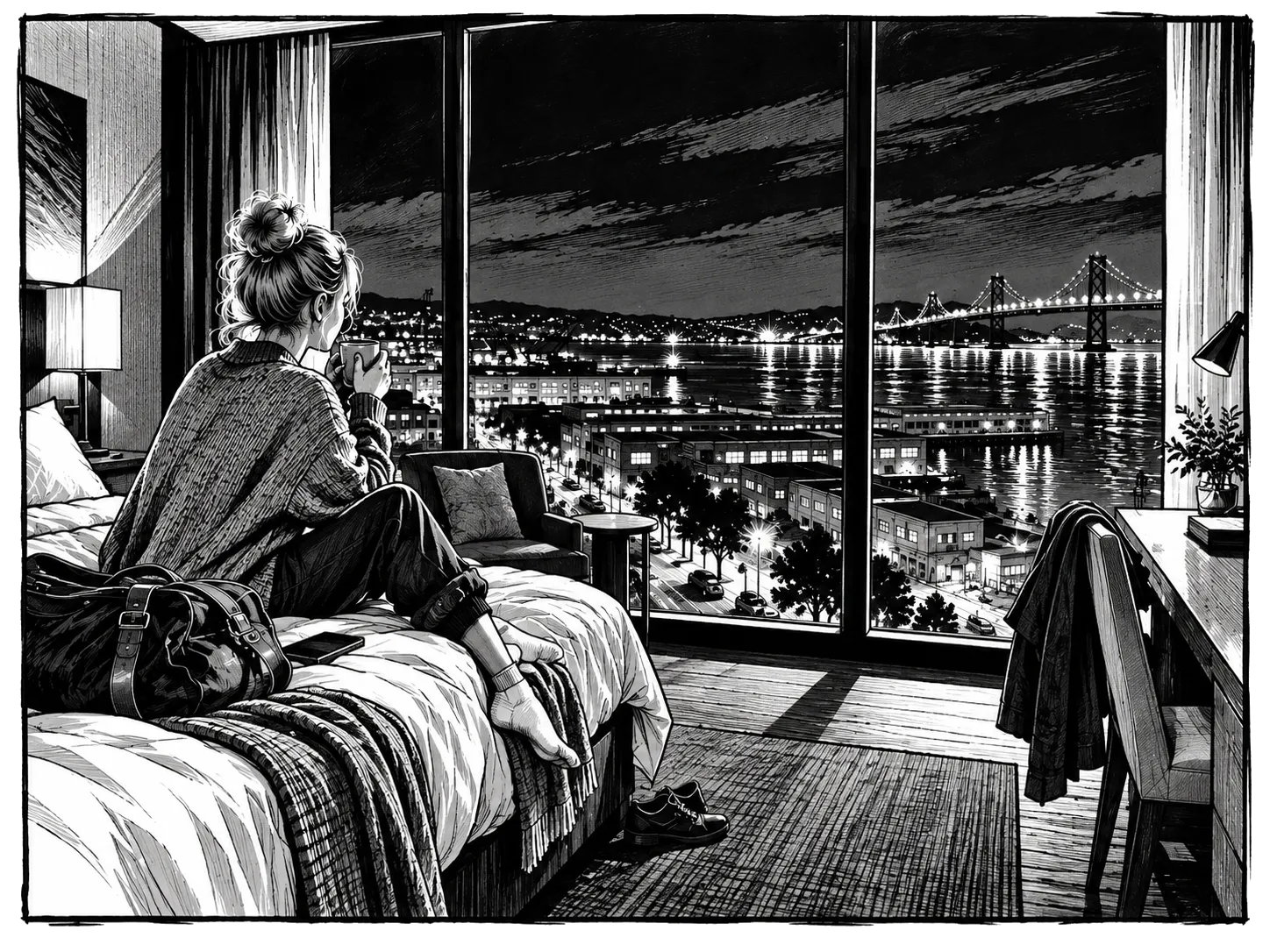 Natalie looks out over the San Francisco bay from her hotel room