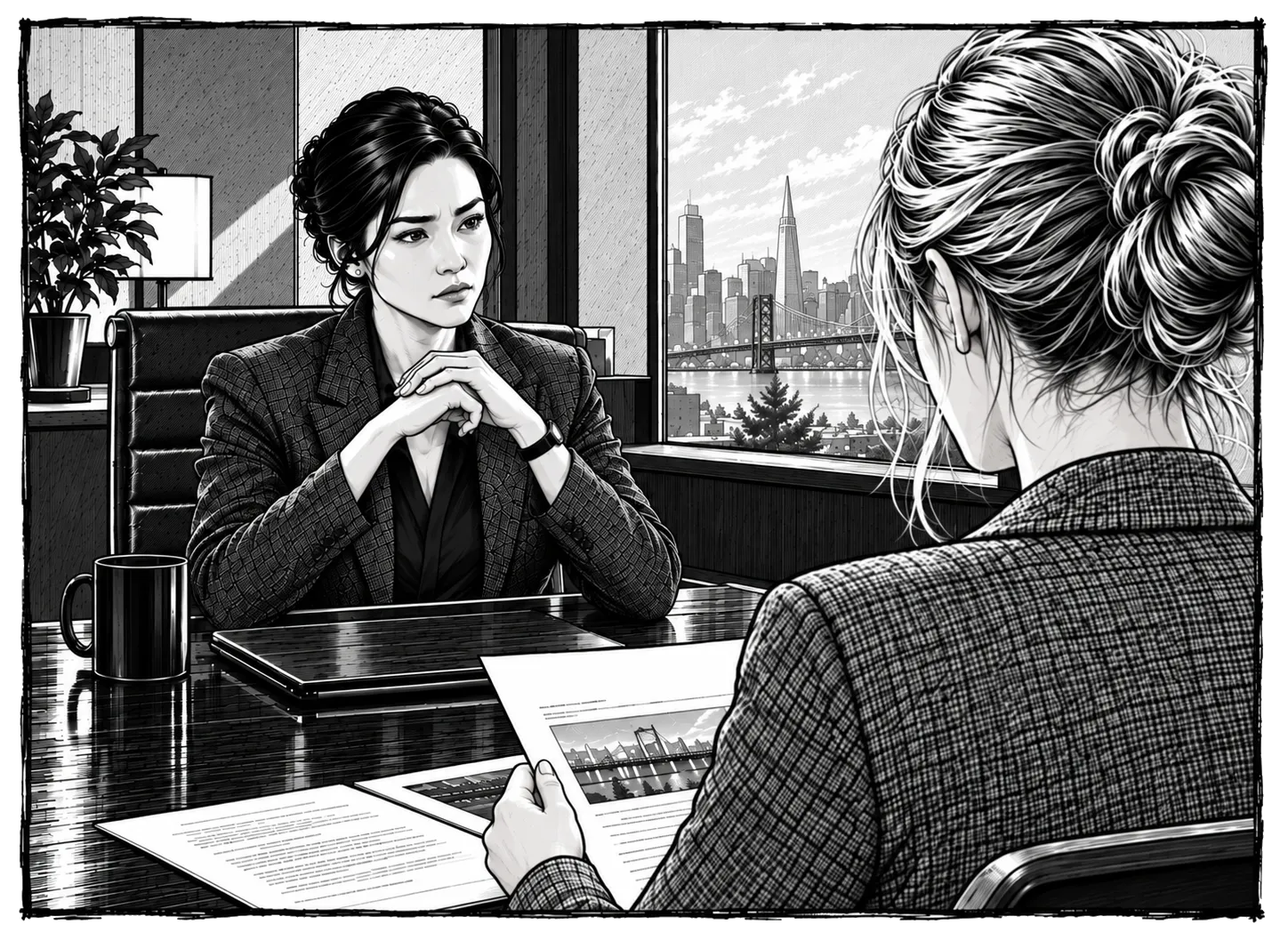 Mara and Natalie review documents across a desk during the interview.