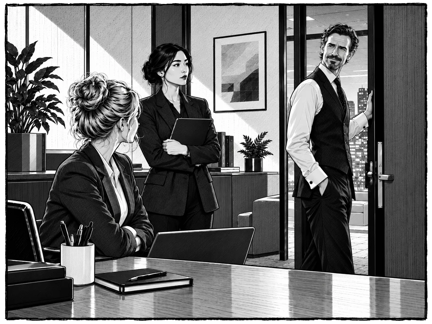 The Founder leaves after meeting Natalie and Mara in the interview room.
