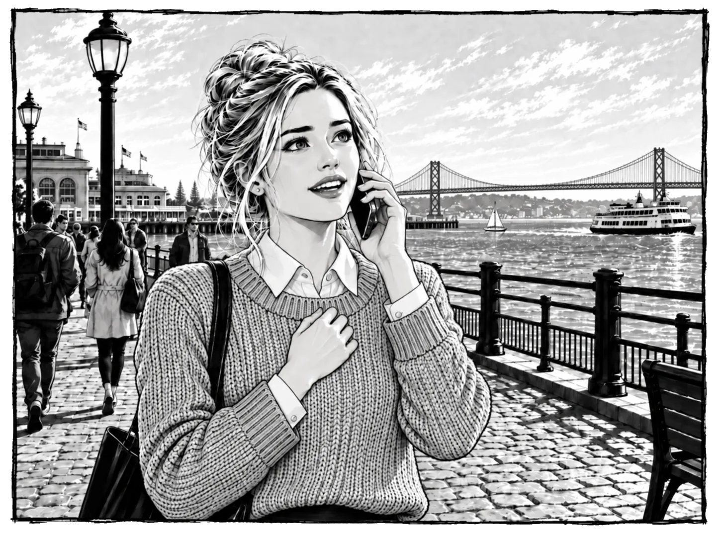 Natalie answers Mara’s call while standing beside the bay.