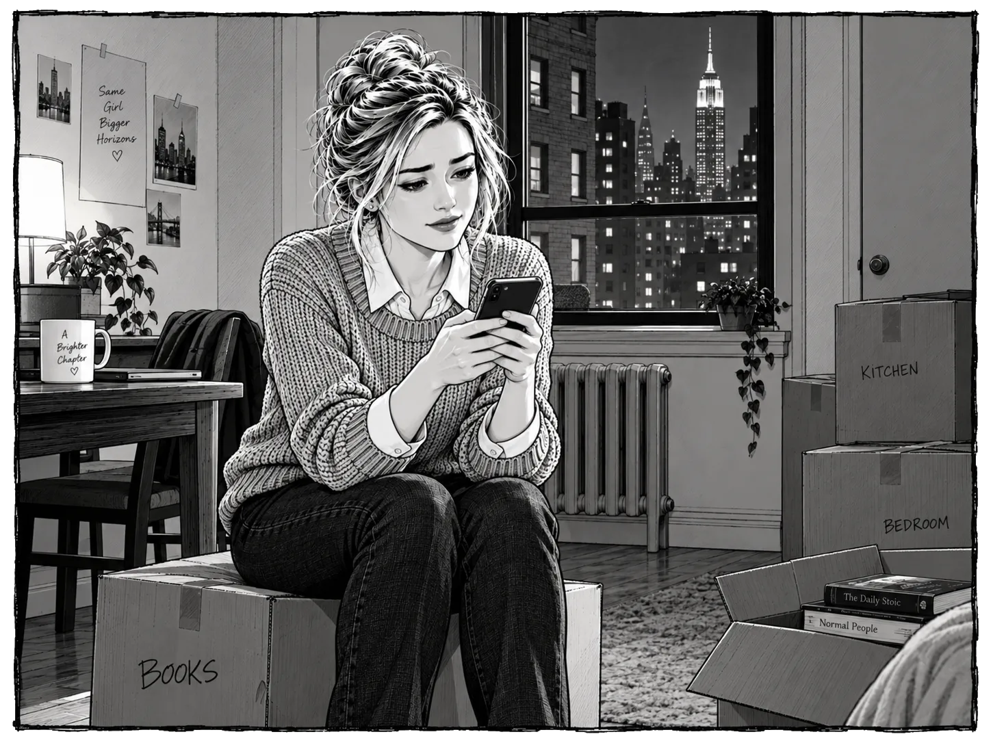 Natalie checks her phone while sitting among boxes in her packed apartment.