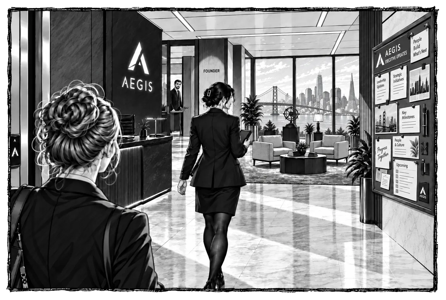 Mara leads Natalie through the Aegis executive floor.