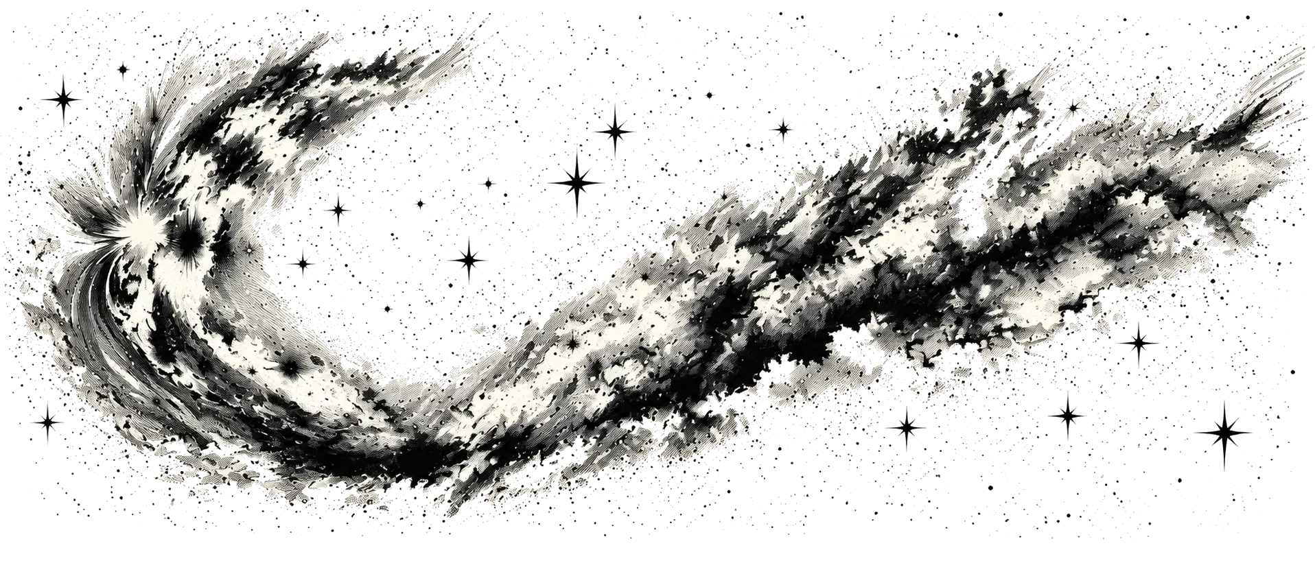 An ink-wash arc of stars across a pale sky