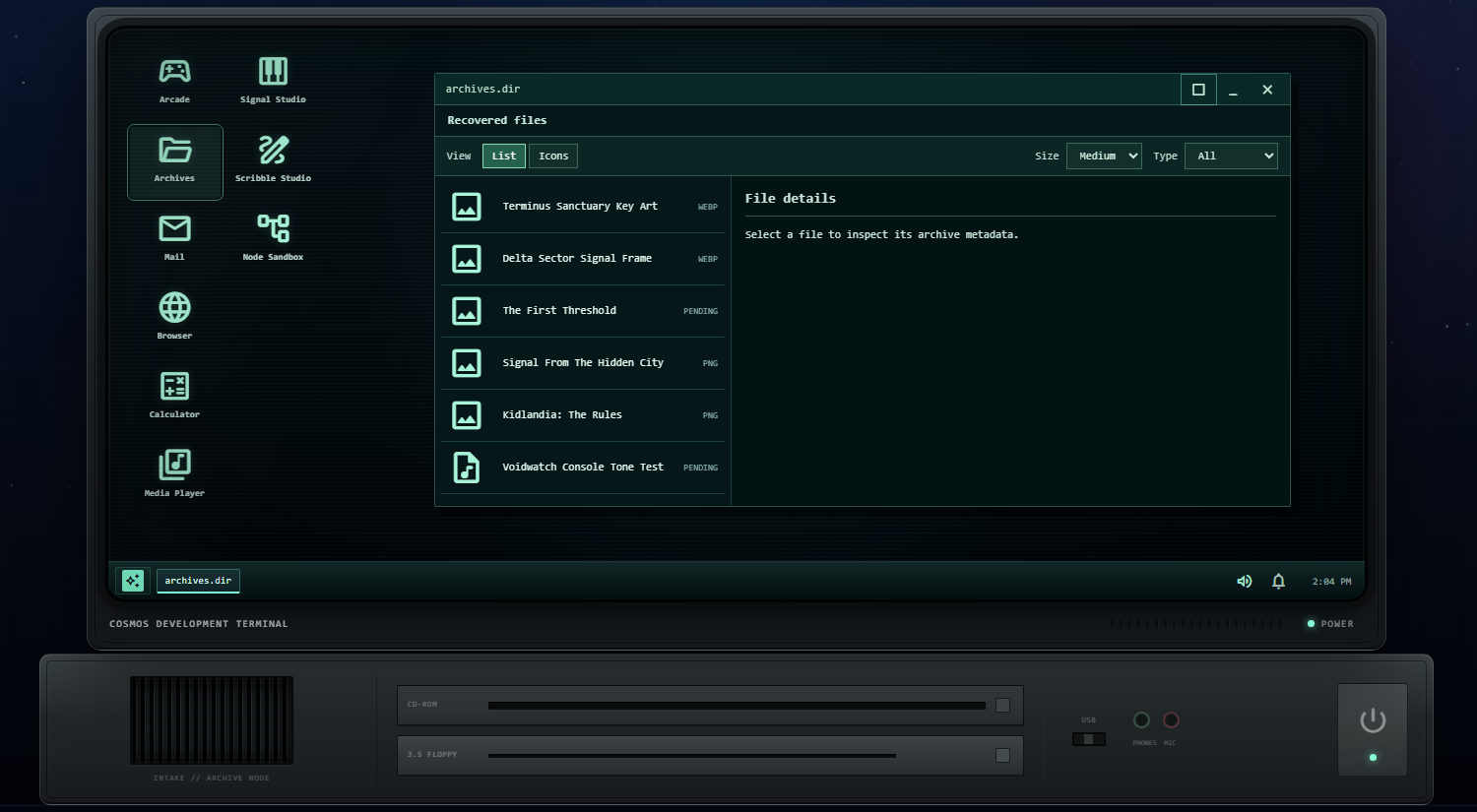 Screenshot of the AEGIS_OS desktop in the CosmOS Archives