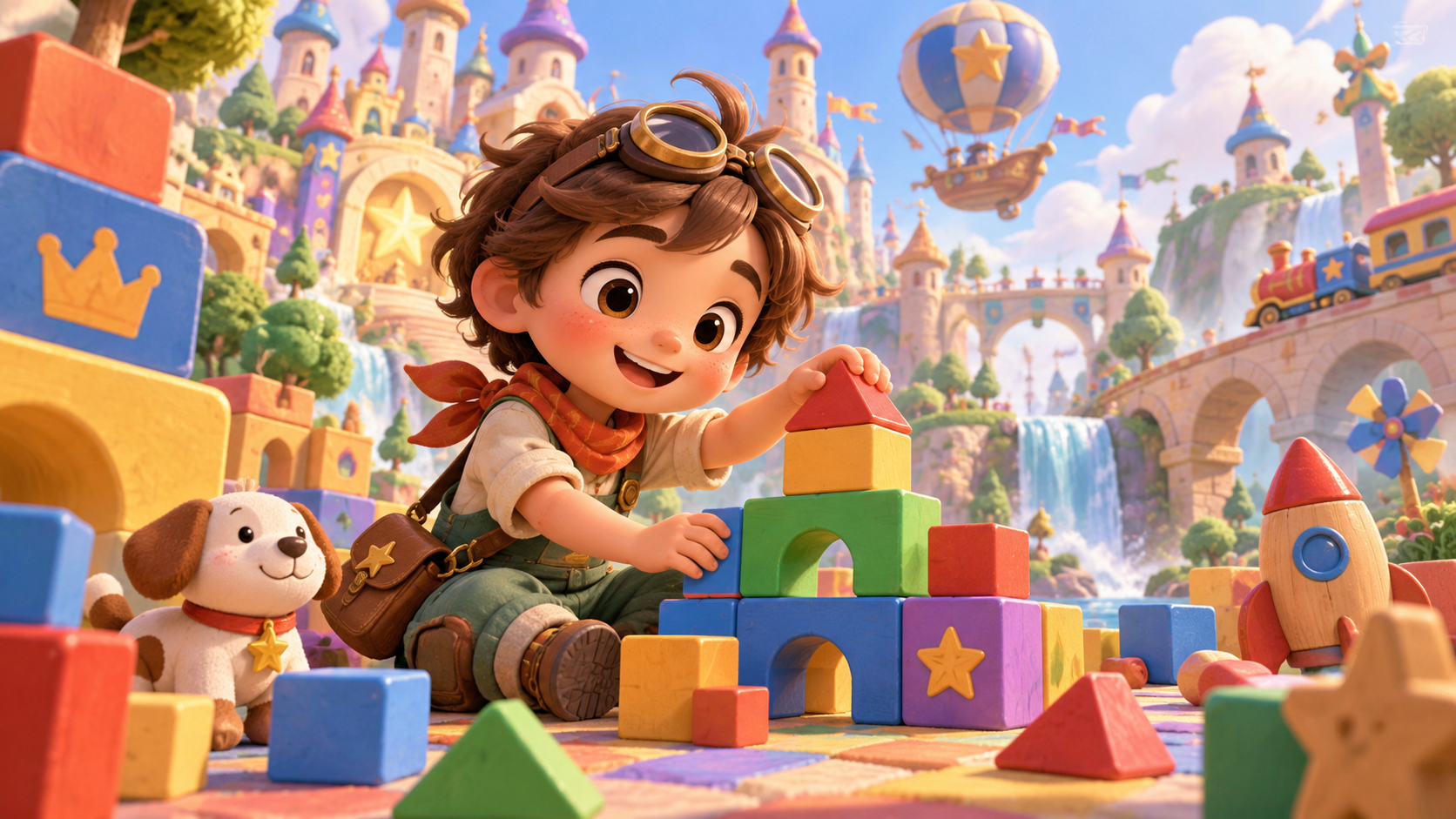 A child building a colorful block structure in Kidlandia beside a toy dog, with castles, waterfalls and a toy train in the background.